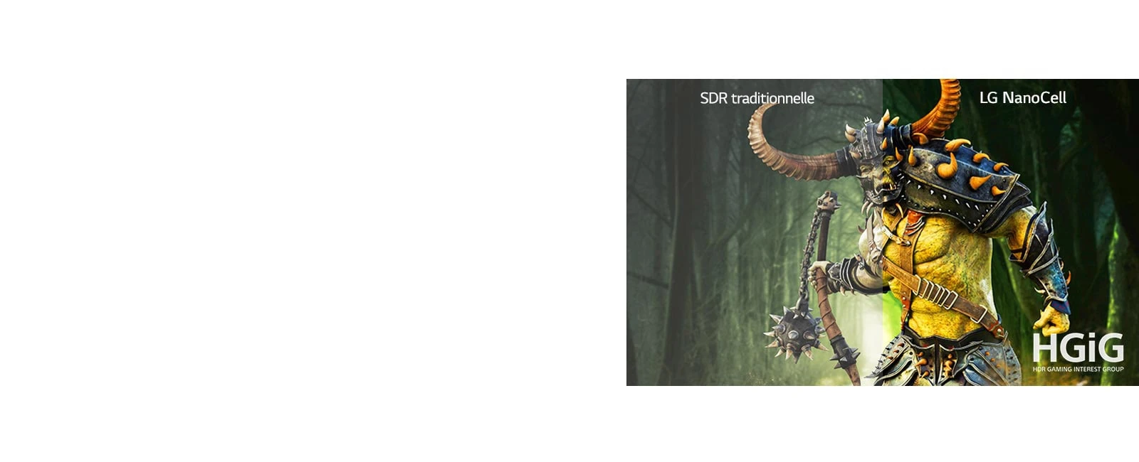 Scène d'un jeu montrant un monstre sur un téléviseur classique et autre moitié sur un téléviseur NanoCell de LG avec HDR