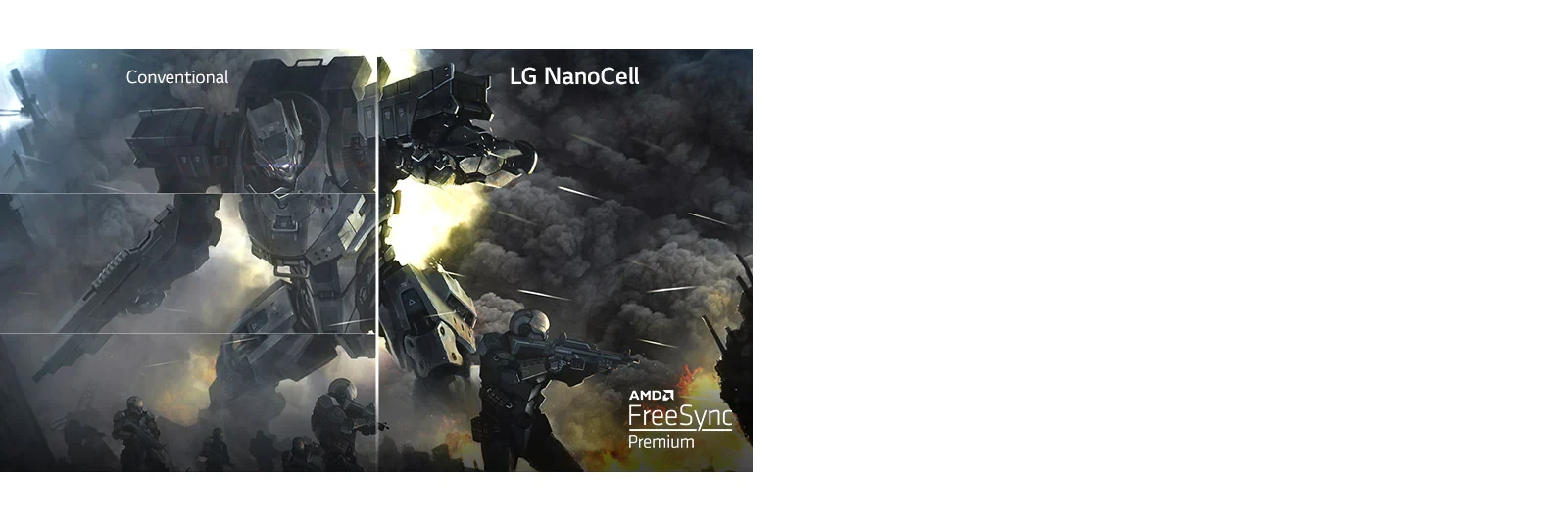 Une scène d'un jeu diffusée sur un téléviseur conventionnel avec déchirure et l'autre moitié sur un téléviseur LG NanoCell sans déchirer